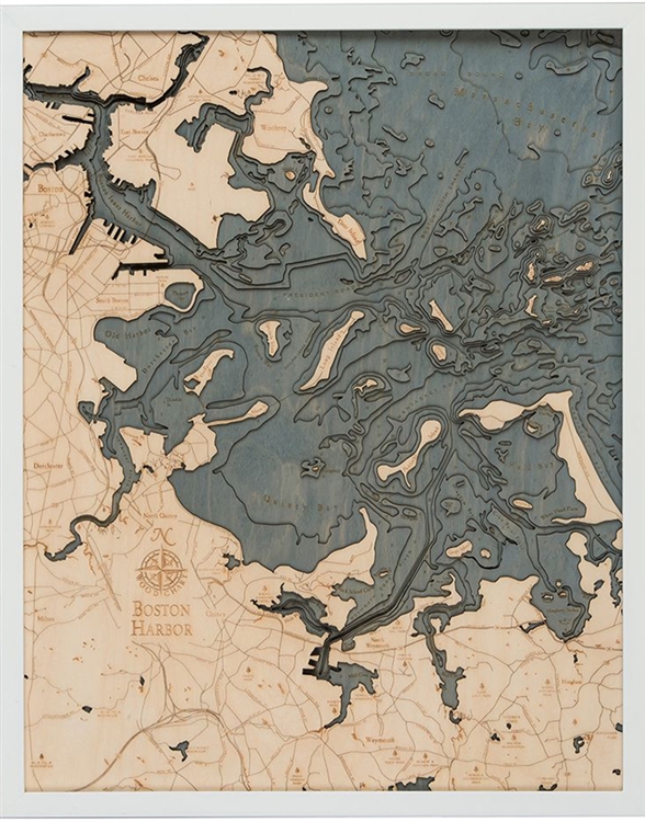 Boston Harbor 3D Nautical Depth Chart | Carved Lake Art | White Frame